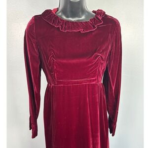Vintage 1970s Burgundy Velvet Ruffle Collar Maxi Dress Gothic Holiday Costume XS